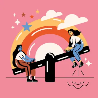 Two women playing on a seesaw with colorful sunset background by Marina Procházka