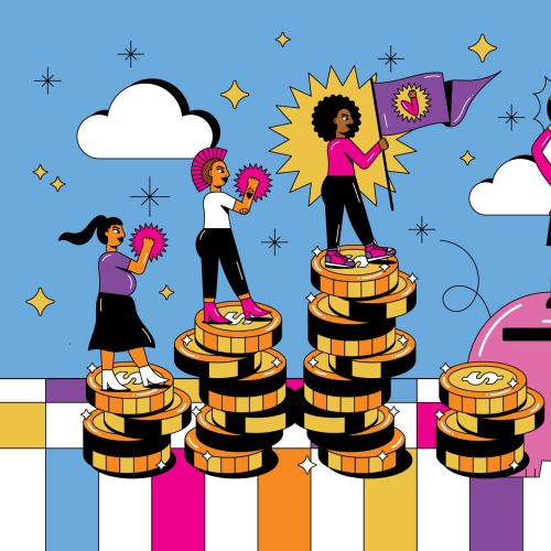 Women celebrate financial success on coins and a piggy bank