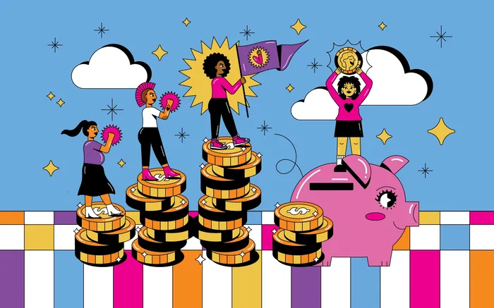 Women celebrate financial success on coins and a piggy bank