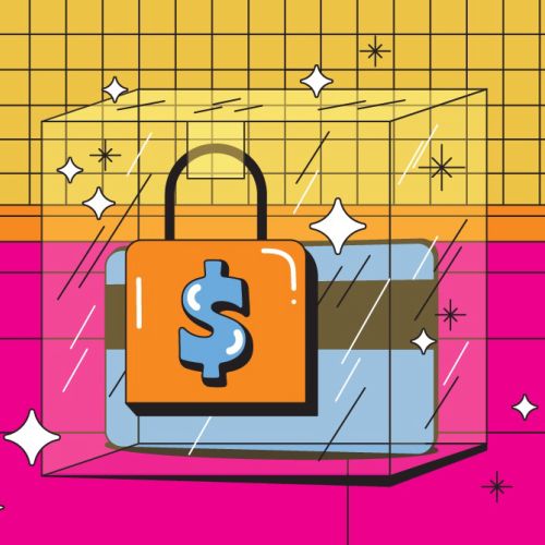 Woman meditating with dollar sign, jewelry, and padlock symbols.