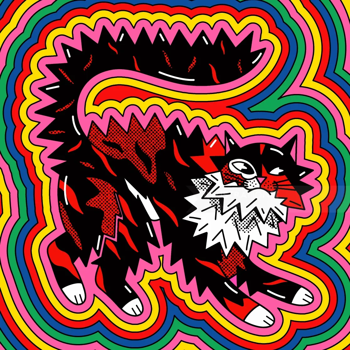 Illustration of a black and red cat with psychedelic multicolor background