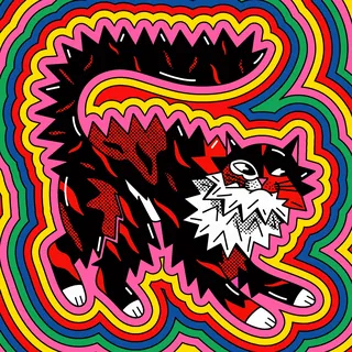 Illustration of a black and red cat with psychedelic multicolor background