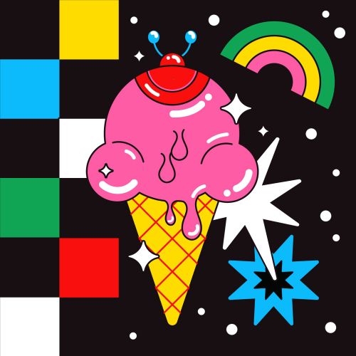 Pink melting ice cream cone character with colorful shapes and stars