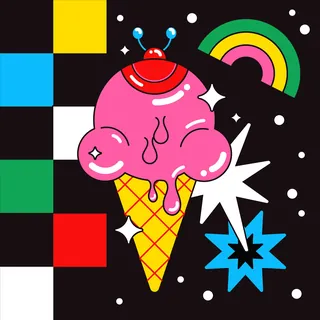 Pink melting ice cream cone character with colorful shapes and stars