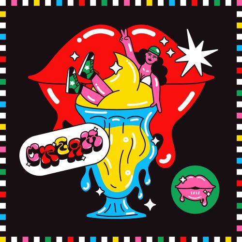 Pop art lips with melting dessert and a small person in vibrant colors