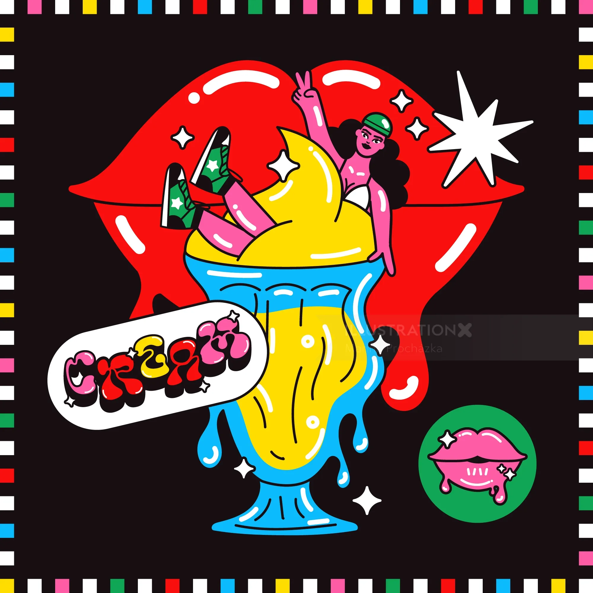 Pop art lips with melting dessert and a small person in vibrant colors