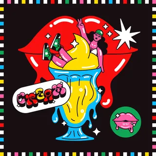 Pop art lips with melting dessert and a small person in vibrant colors