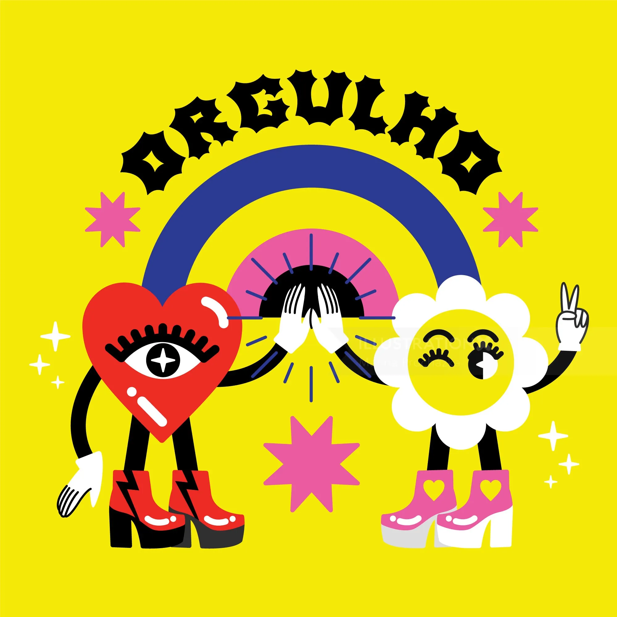 Heart and flower cartoon characters high-fiving under rainbow
