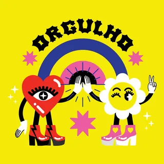 Heart and flower cartoon characters high-fiving under rainbow
