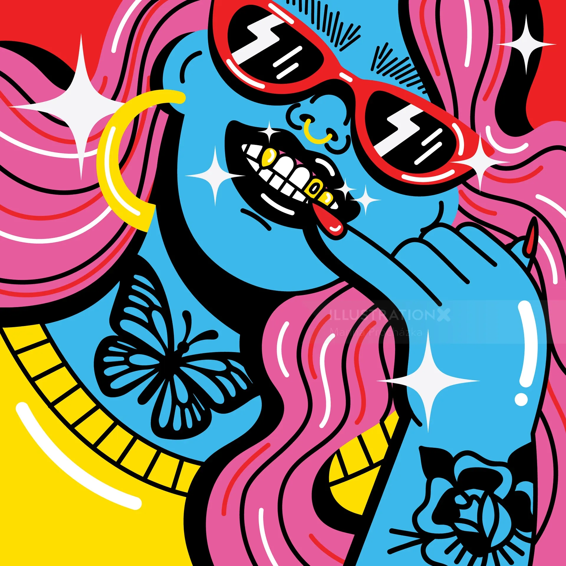 Pop art portrait of blue-skinned woman with pink hair and gold grill
