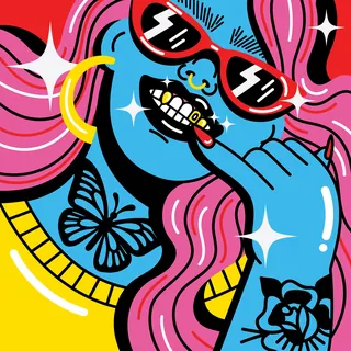 Pop art portrait of blue-skinned woman with pink hair and gold grill