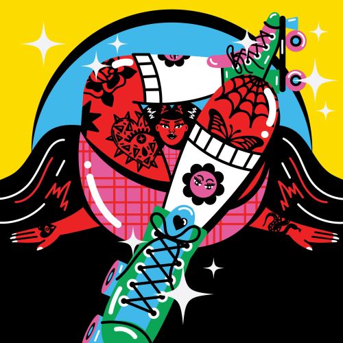 Colorful roller skate with vibrant art and wings on yellow background