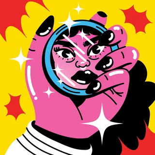 Pink hand with black nails holding a sparkling mirror reflecting a face
