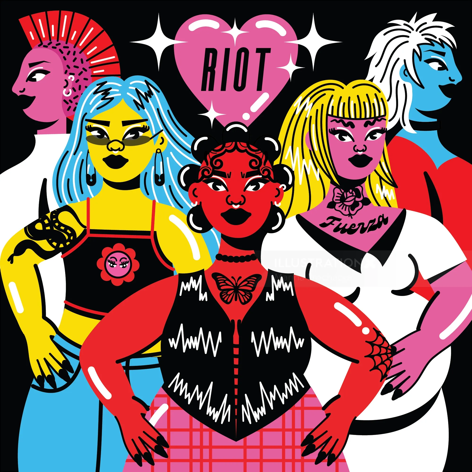 Diverse group of empowered individuals with bright hair and bold fashion