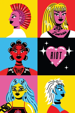 Six colorful punk style illustrations with unique hairstyles and accessories