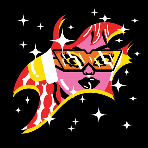 Abstract colorful fish wearing glasses with stars on black background