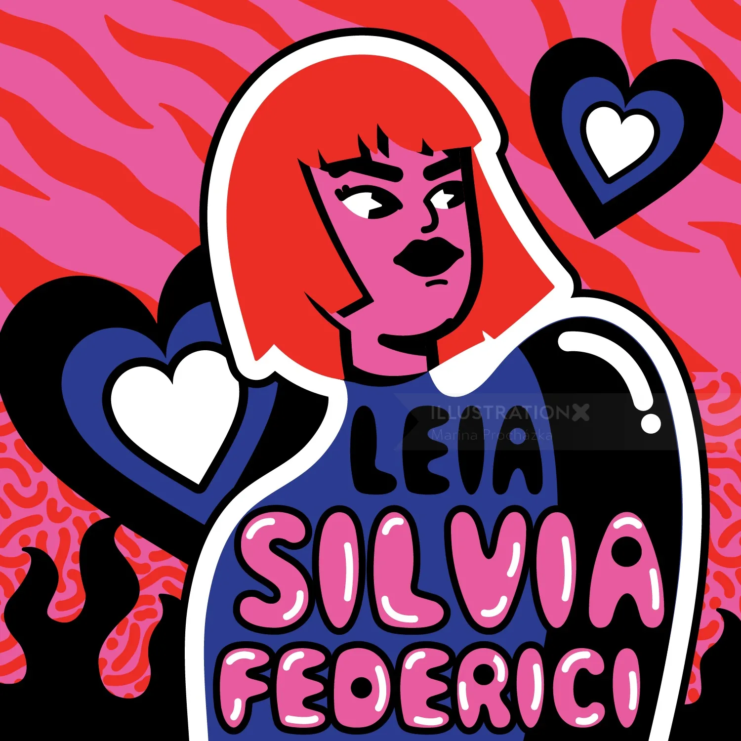Pop art style woman with red hair and hearts in background