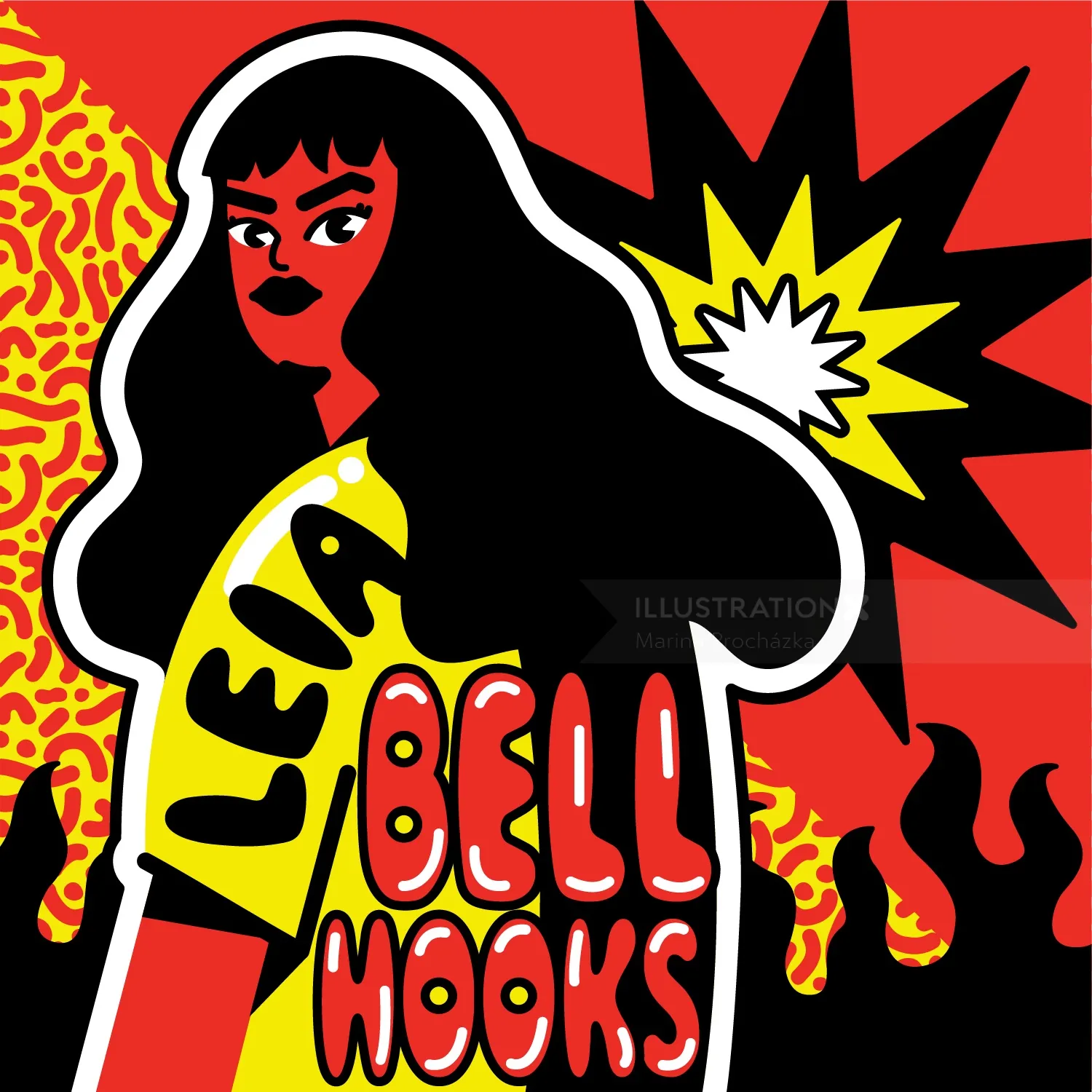 Illustration of bell hooks with flames and bold text in red and yellow