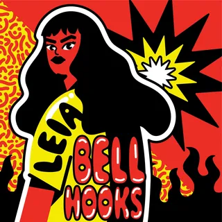 Illustration of bell hooks with flames and bold text in red and yellow