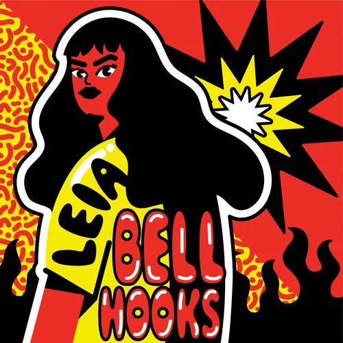 Illustration of bell hooks with flames and bold text in red and yellow