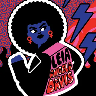 Illustration of Angela Davis with afro, lightning bolts, and empowerment symbols