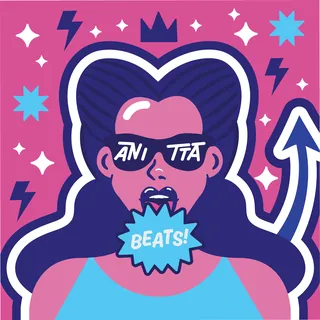 Colorful cartoon person with sunglasses, devil tail, and bold graphic elements