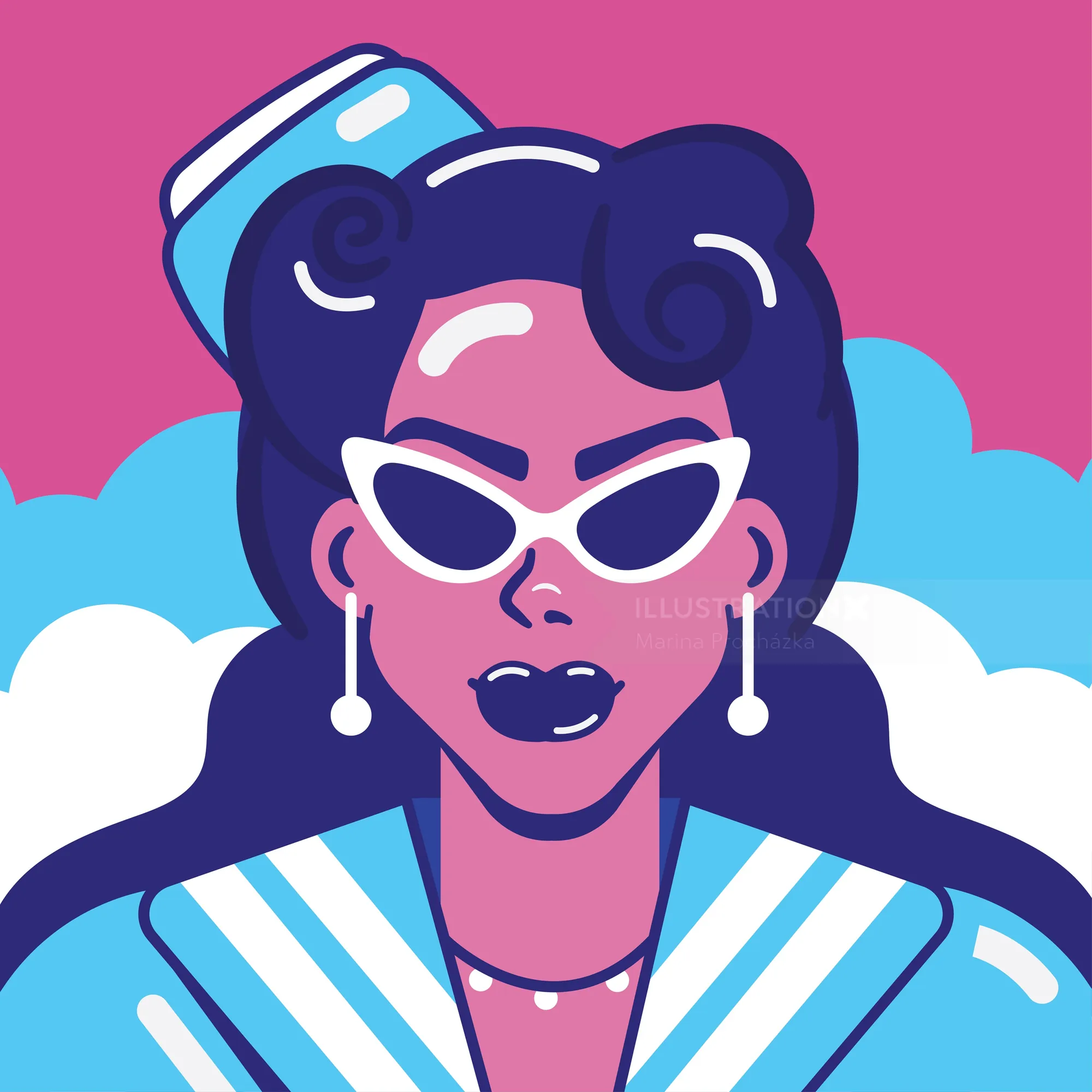 Woman with white sunglasses and earrings against a pink and blue background