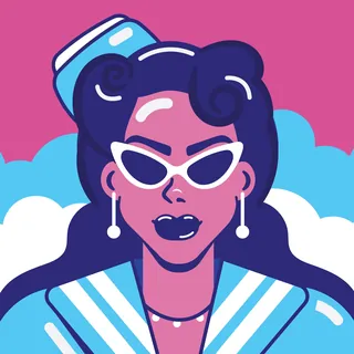 Woman with white sunglasses and earrings against a pink and blue background