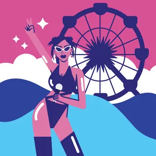 Woman in black swimsuit and sunglasses near Ferris wheel