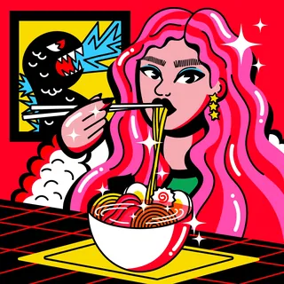 Woman with pink hair eating ramen noodles in pop art style