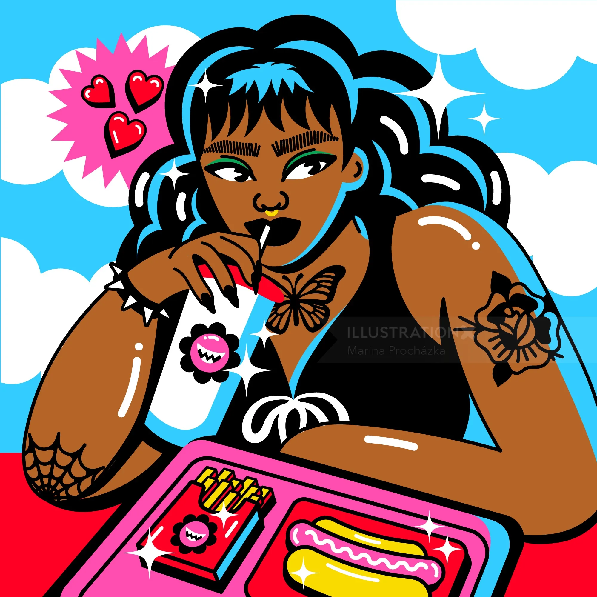 Illustration of woman drinking from a cup with fast food tray