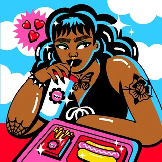 Illustration of woman drinking from a cup with fast food tray