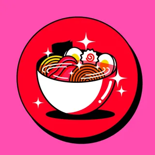 Bowl of ramen with egg, meat, and noodles on red circle background