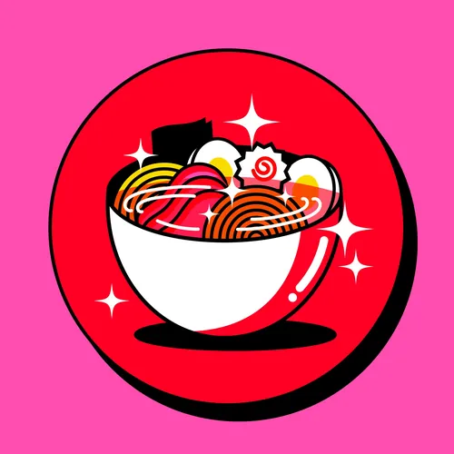 Bowl of ramen with egg, meat, and noodles on red circle background