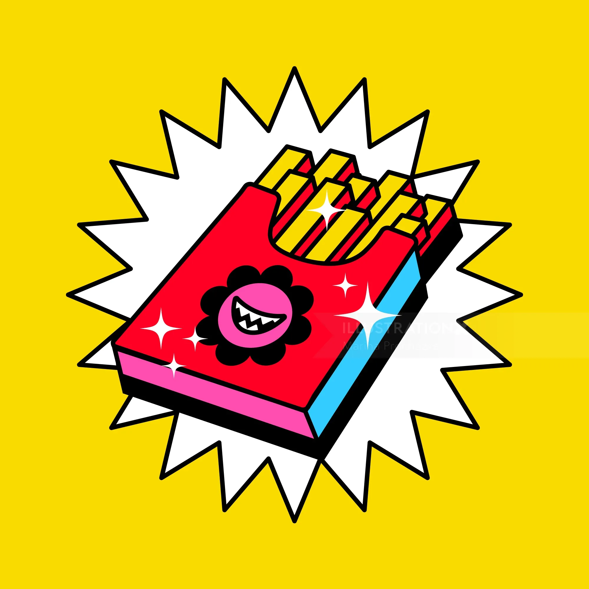 Red fries box with smiling face logo on bright yellow background