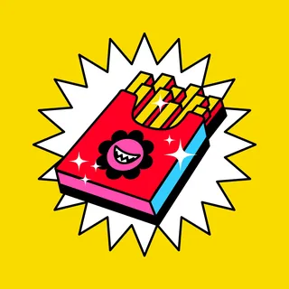 Red fries box with smiling face logo on bright yellow background