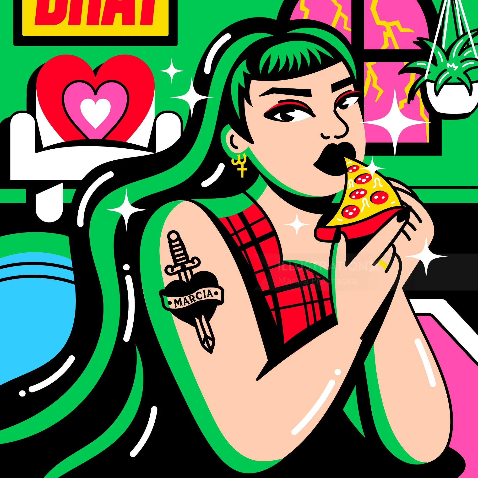 Punk woman with long hair eating pizza and tattoo on arm