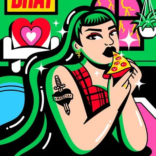 Punk woman with long hair eating pizza and tattoo on arm