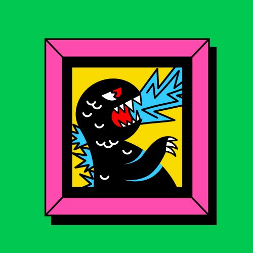 Illustration of a black dinosaur breathing blue fire in a pink frame