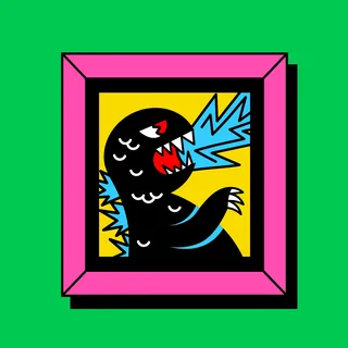 Illustration of a black dinosaur breathing blue fire in a pink frame