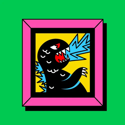 Illustration of a black dinosaur breathing blue fire in a pink frame