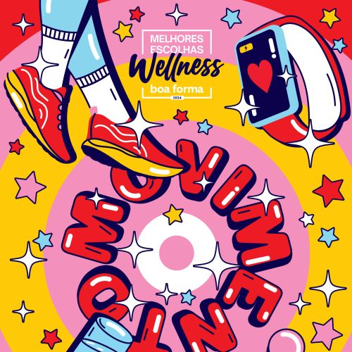 Colorful fitness illustration with shoes, dumbbells, and wellness text