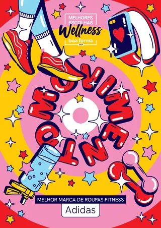 Colorful fitness illustration with shoes, dumbbells, and wellness text