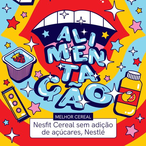 Bright illustration with lips, cereal, snacks, and vitamins promoting Nestlé Nesfit