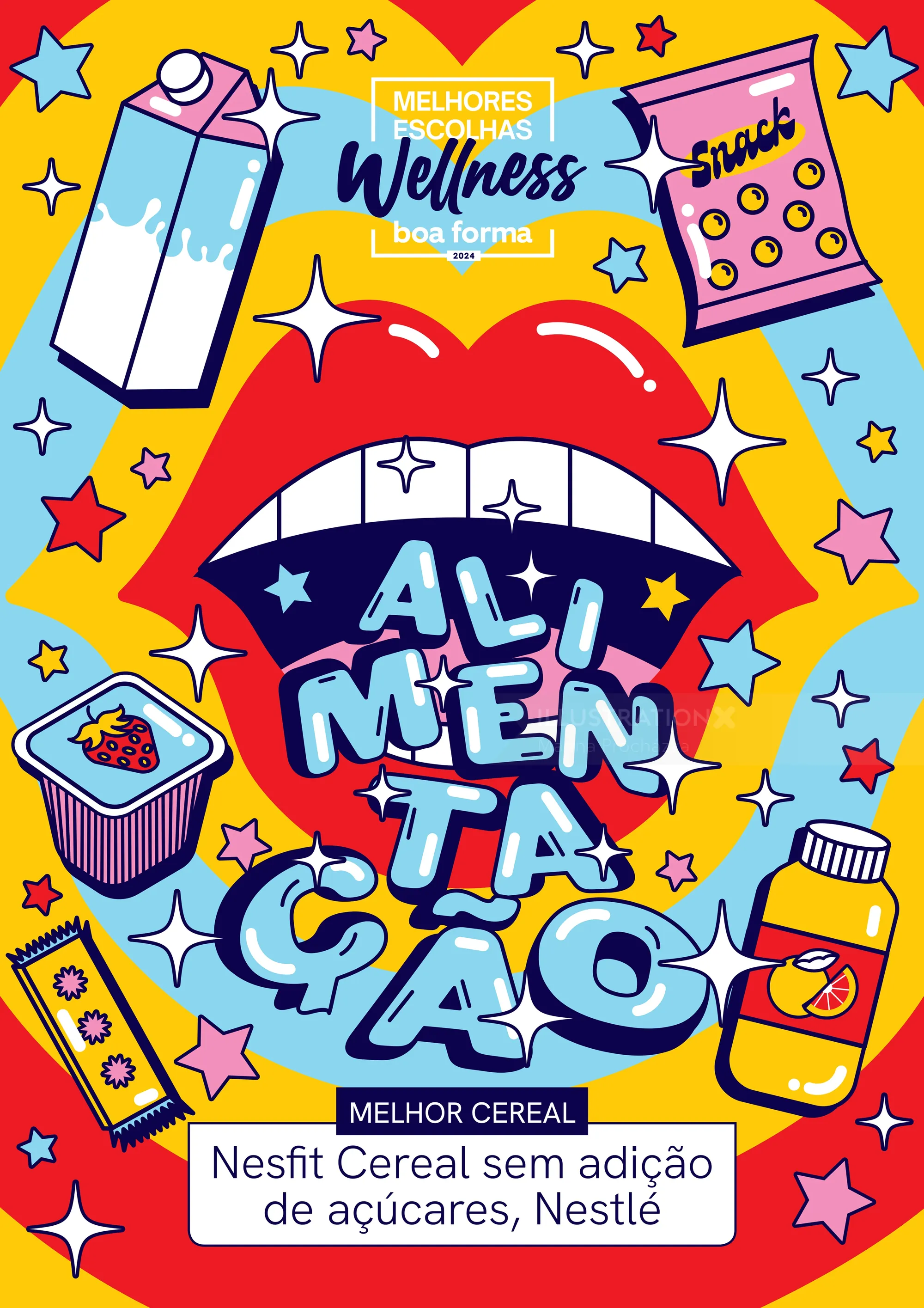 Bright illustration with lips, cereal, snacks, and vitamins promoting Nestlé Nesfit