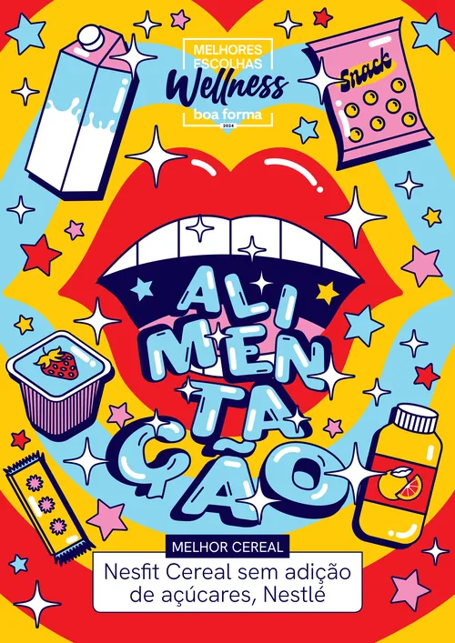 Bright illustration with lips, cereal, snacks, and vitamins promoting Nestlé Nesfit