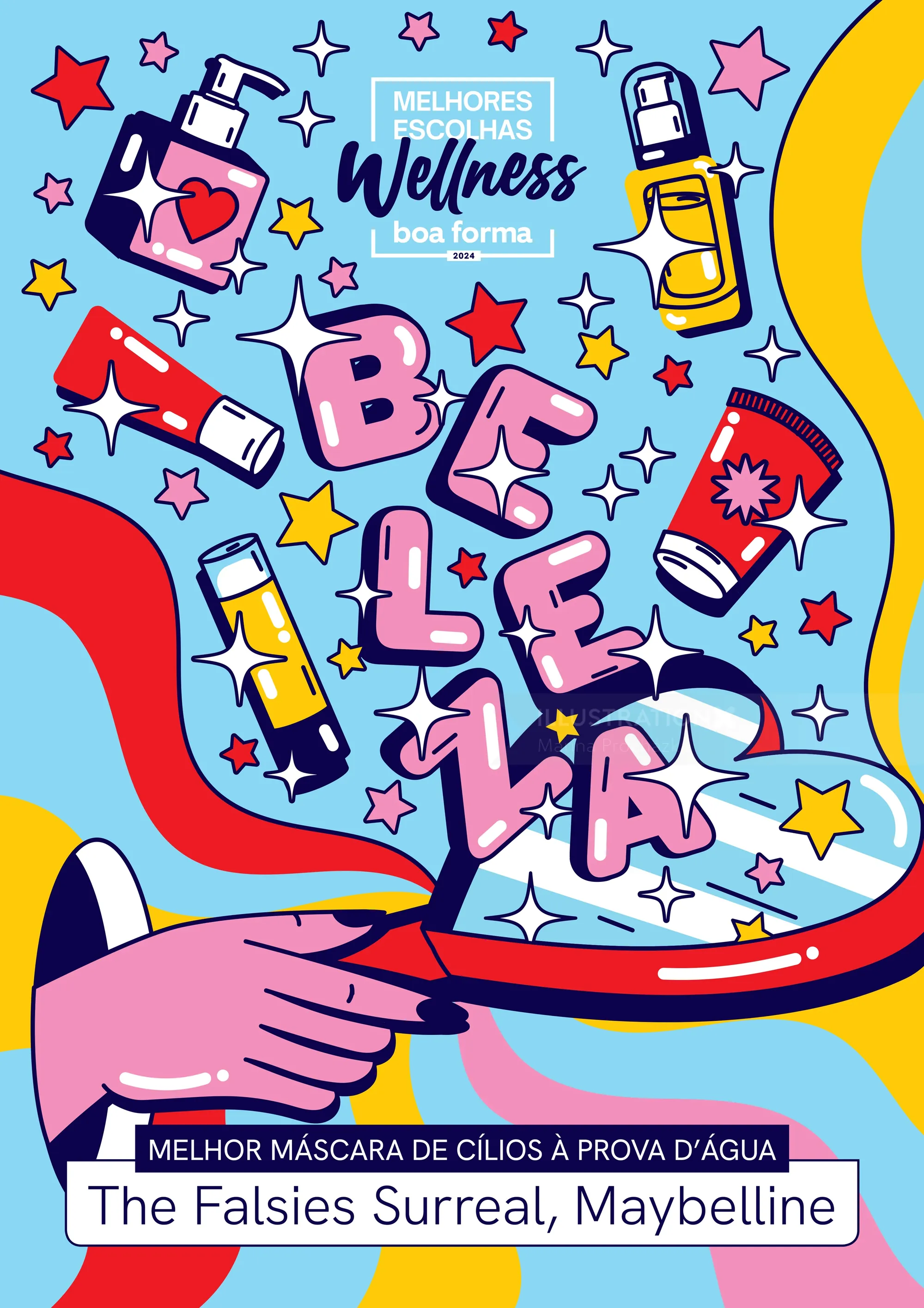 Illustration of Maybelline waterproof mascara with colorful letters and stars