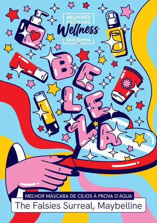 Illustration of Maybelline waterproof mascara with colorful letters and stars