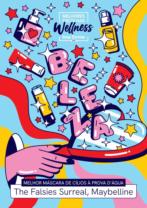Illustration of Maybelline waterproof mascara with colorful letters and stars