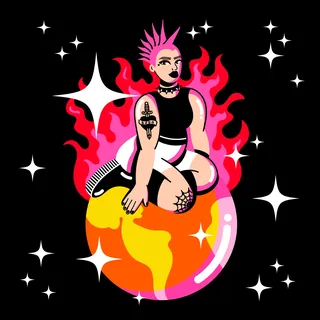 Punk person with pink mohawk on colorful planet surrounded by stars